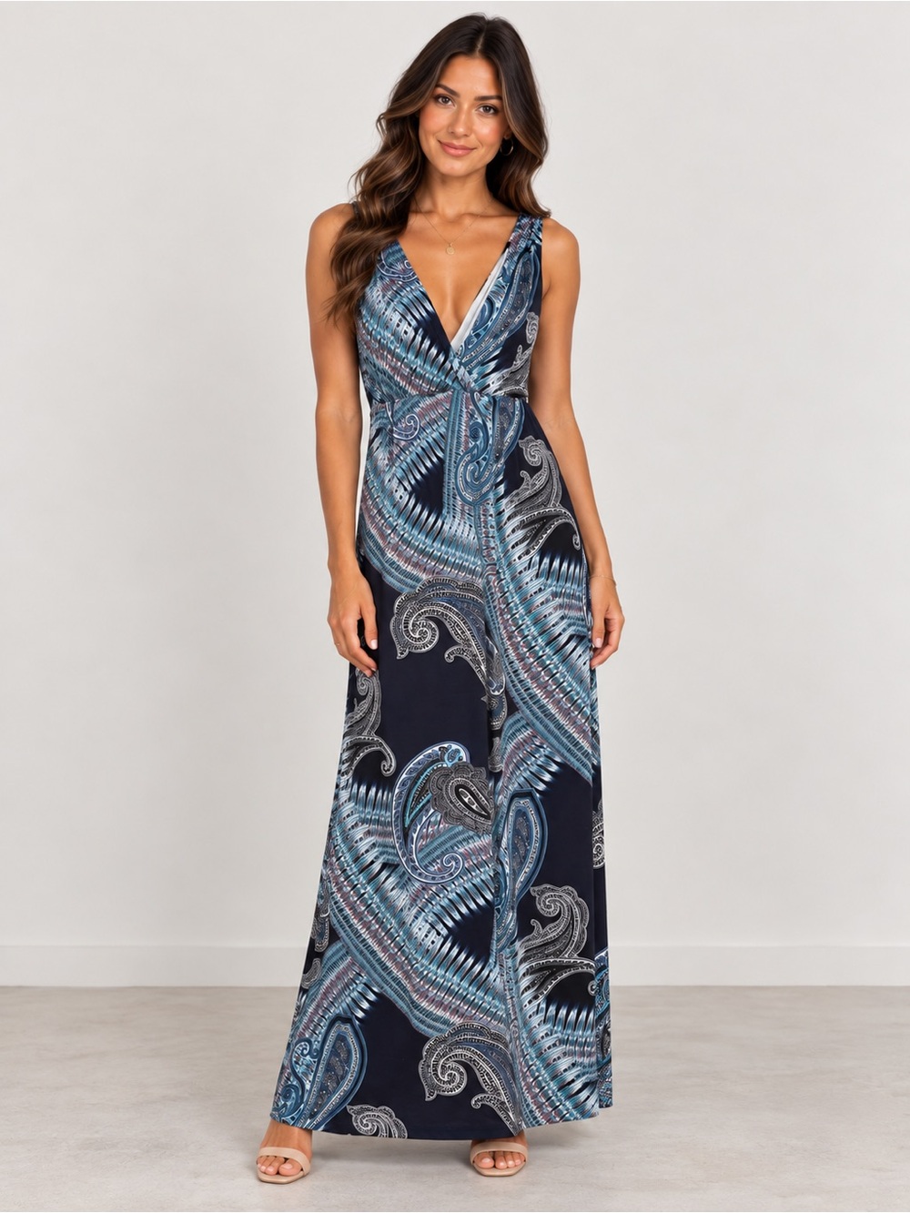 Renee C Navy Blue Paisley V Neck Maxi Dress Boho Resort Size Small